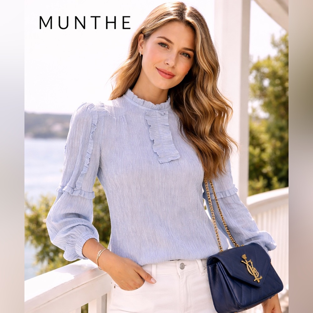 MUNTHE Copenhagen Blue Textured Ruffle Blouse Scandinavian Blouse Size 38/ US 6